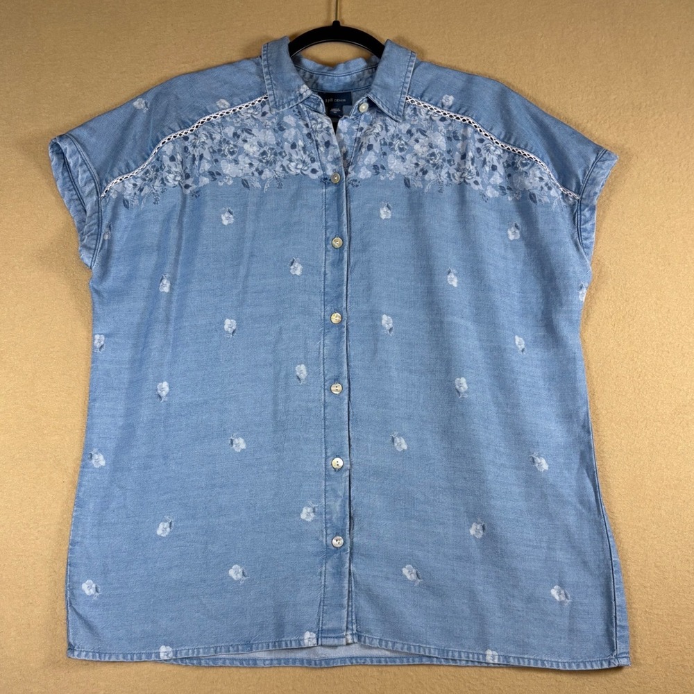 J. Jill Denim Womens XS Blue Floral Tencel Lyocell Button Down Shirt Lace Trim